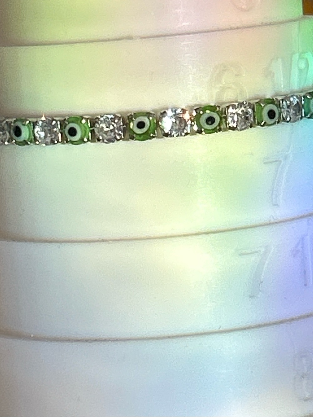 Green Evil Eye Tennis Bracelet - Silver Crystal Accent fold over clasp 6.5